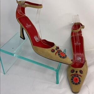 Fendi Sz 9.5M Beige Suede Beaded Ankle Strap Heels